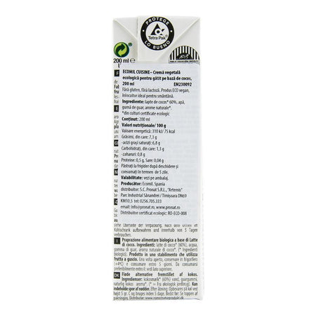 Crema vegetala pentru gatit (smantana vegetala) pe baza de cocos fara gluten Ecomil, bio, 200 ml