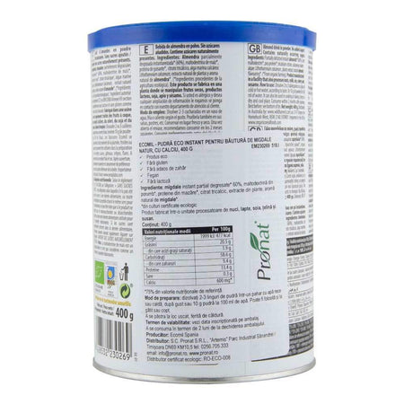 Pudra instant pentru bautura din migdale cu calciu, fara zahar, fara gluten Ecomil Nature, bio, 400 g