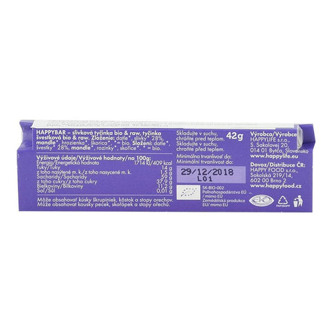 Baton raw cu prune Happy Life, bio, 42 g