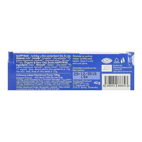Baton raw cu seminte de chia Happy Life, bio, 42 g