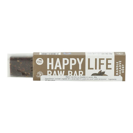 Baton raw cu migdale si cacao nibs Happy Life, bio, 42 g
