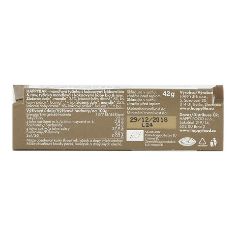 Baton raw cu migdale si cacao nibs Happy Life, bio, 42 g