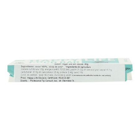 Baton vegan din cocos Happy Life, bio, 40 g
