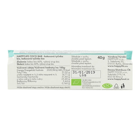 Baton vegan din cocos Happy Life, bio, 40 g