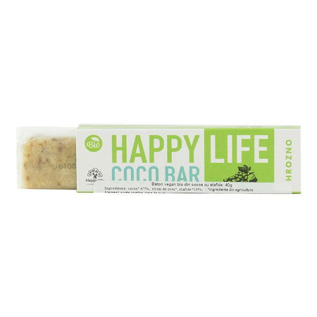 Baton vegan din cocos cu stafide Happy Life, bio, 40 g