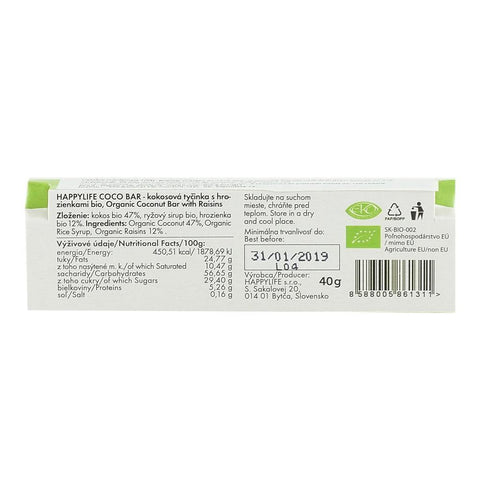 Baton vegan din cocos cu stafide Happy Life, bio, 40 g