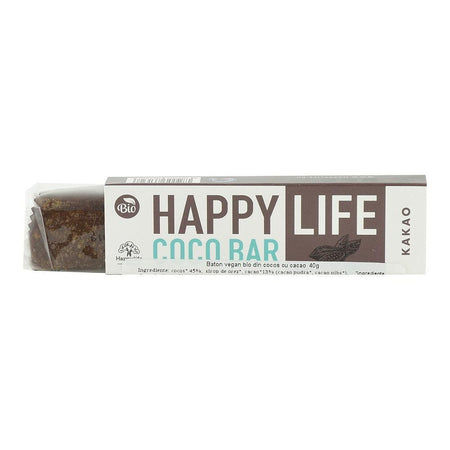 Baton vegan din cocos cu cacao Happy Life, bio, 40 g