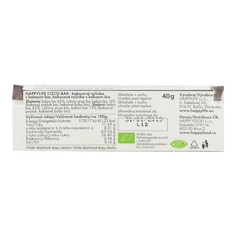Baton vegan din cocos cu cacao Happy Life, bio, 40 g
