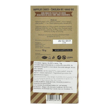 Ciocolata vegana 80% Cacao fara zahar Happy Life, bio, 70 g
