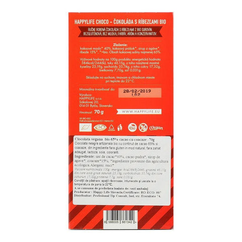 Ciocolata vegana 65% Cacao cu coacaze fara zahar Happy Life, bio, 70 g
