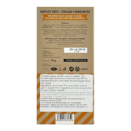 Ciocolata vegana 60% Cacao cu migdale fara zahar Happy Life, bio, 70 g