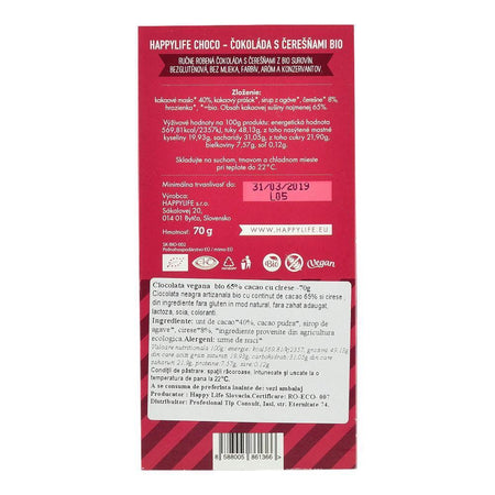 Ciocolata vegana 65% Cacao cu cirese fara zahar Happy Life, bio, 70 g