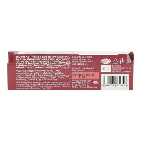 Baton raw cu nuci braziliene si guarana Happy Life, bio, 42 g