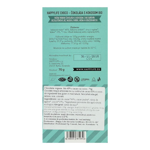 Ciocolata vegana 65% Cacao cu cocos fara zahar Happy Life, bio, 70 g