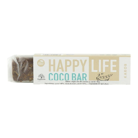 Baton vegan din cocos cu carob Happy Life, bio, 40 g