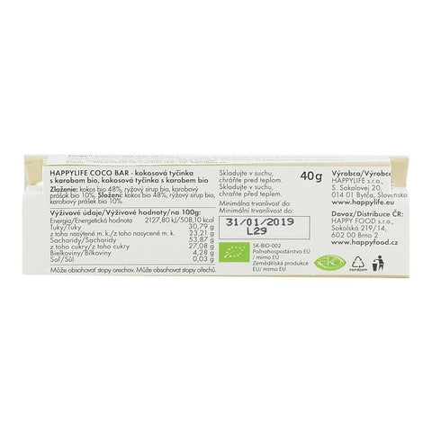 Baton vegan din cocos cu carob Happy Life, bio, 40 g