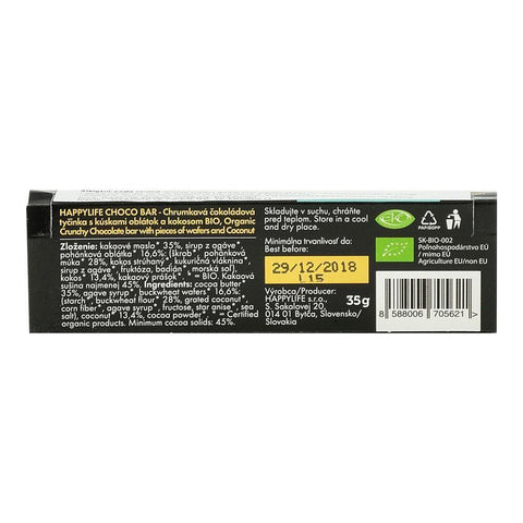 Baton vegan din ciocolata cu cocos Happy Life, bio, 35 g