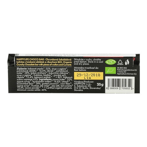 Baton vegan din ciocolata cu coacaze Happy Life, bio, 35 g