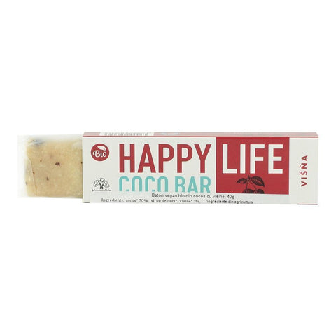 Baton vegan din cocos cu visine Happy Life, bio, 40 g