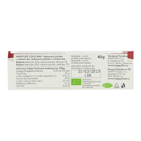 Baton vegan din cocos cu visine Happy Life, bio, 40 g