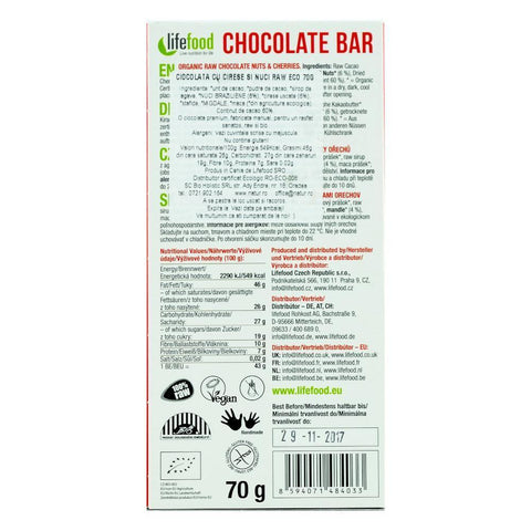 Ciocolata raw cu cirese si nuci Lifefood, bio, 70 g