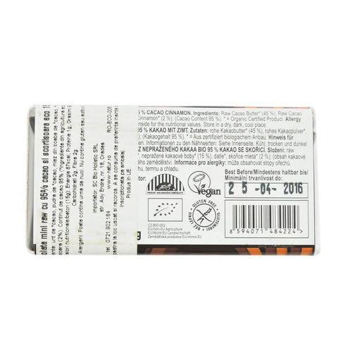 Ciocolata Mini cu 95% Cacao si Scortisoara Raw Bio 15g - Republica BIO