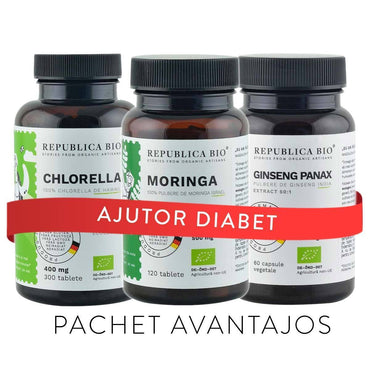 Ajutor DIABET, pachet promotional (Chlorella + Moringa + Ginseng), BIO, RAW, VEGAN