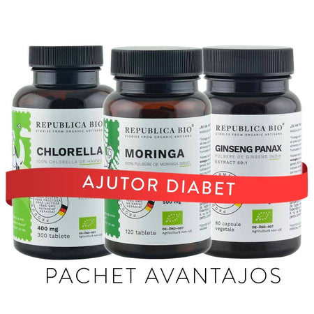 Ajutor DIABET, pachet promotional (Chlorella + Moringa + Ginseng),  BIO, RAW, VEGAN