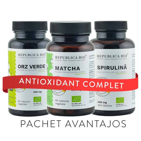 ANTIOXIDANT Complet, pachet promotional (Spirulina + Matcha + Orz verde), BIO, RAW, VEGAN