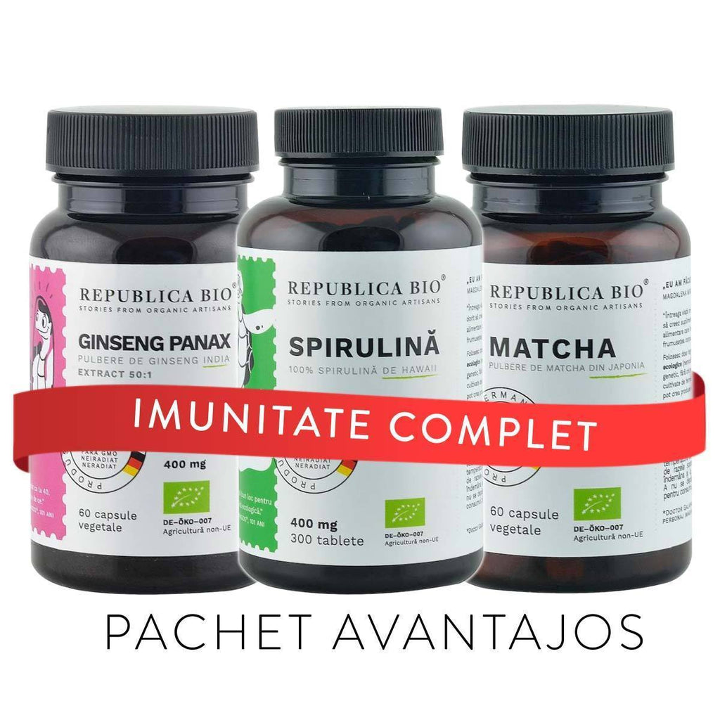 IMUNITATE Complet, pachet promotional (Spirulina + Ginseng + Matcha), BIO, RAW, VEGAN