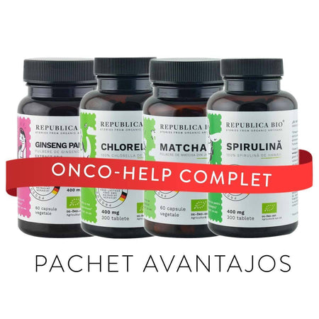 ONCO-HELP Complet, pachet promotional (Spirulina + Chlorella + Matcha + Ginseng), BIO, RAW, VEGAN
