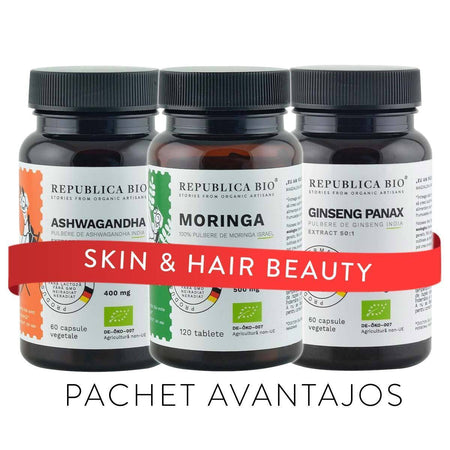 SKIN & HAIR Beauty, pachet promotional (Ginseng + Ashwagandha + Moringa), BIO, RAW, VEGAN